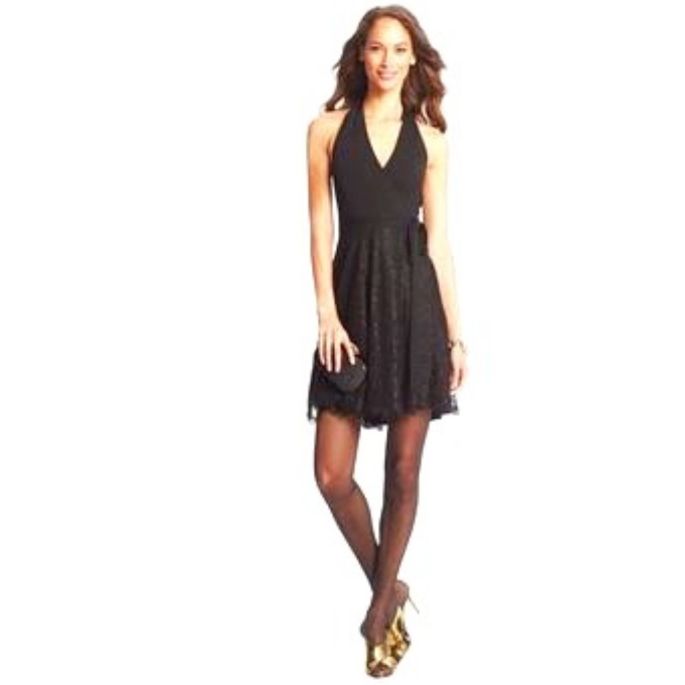 New Diane von Furstenberg Black Amelia Lace Halter Wrap Cocktail Dress US 8